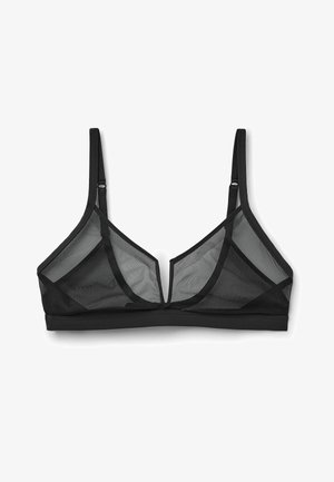 Bralette noire en mesh transparent avec bretelles fines réglables et une encoche centrale à l'avant, conçue pour un maintien léger et un look minimaliste.