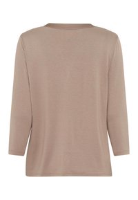 Maglietta beige a maniche lunghe con scollatura rotonda, vista da dietro, caratterizzata da una semplice e liscia trama di tessuto.