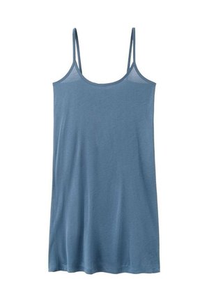 Modra brezrokavnik s tankimi dvojno naramnico in ravnim robom, izdelana iz lahkotnega blaga.