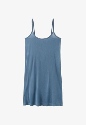 Blue sleeveless camisole with thin double straps and a straight hem, made of lightweight fabric.