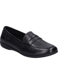Mocasines de cuero negro con un acabado suave, que presentan una tira decorativa en la parte frontal y una suela de goma flexible para mayor comodidad.