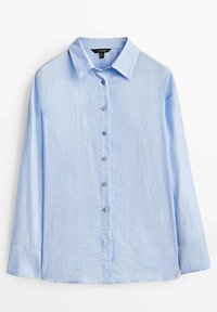 Jasnoniebieska koszula z długim rękawem, zapinana na guziki z przodu, z klasycznym kołnierzykiem i gładką fakturą. Posiada sześć guzików i luźny krój.