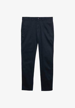 Marineblauwe katoenen broeken met een rechte pijpdesign, knoopsluiting, riemlussen en twee zijzakken. Soepele textuur.