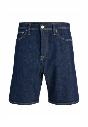 Mørkeblå denimshorts med knaplukning foran, lynlåslukning, bæltestropper og gule syninger på lommer og sømme.