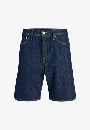 Mørkeblå denimshorts med knaplukning foran, lynlåslukning, bæltestropper og gule syninger på lommer og sømme.