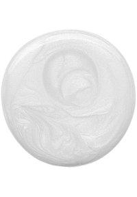Crema bianca e iridescente con una superficie liscia e lucida, caratterizzata da sottili vortici e motivi. Forma circolare senza hardware visibile.