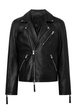 Giacca da motociclista in pelle nera con tasche con zip, zip frontale asimmetrica e colletto a pressione. Presenta una superficie testurizzata e maniche lunghe.