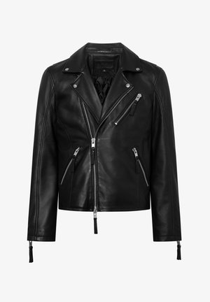 Schwarze Motorradjacke aus Leder mit Reißverschlusstaschen, asymmetrischem Frontreißverschluss und Druckknopfkragen. Verfügt über eine strukturierte Oberfläche und lange Ärmel.