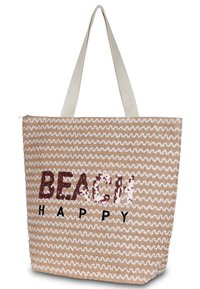 Strandtote mit Zickzackmuster in Beige und Weiß, mit Paillettenaufschrift "BEACH HAPPY" in Burgunderrot und Schwarz. Mit Traggriffen.