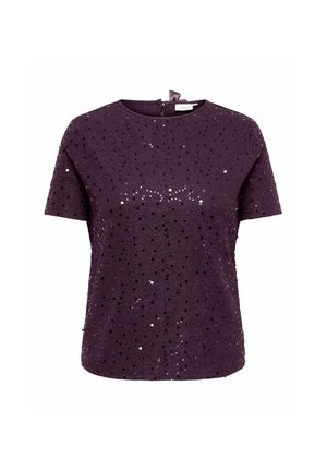 Haut à manches courtes en sequins violet foncé avec encolure ronde et tissu texturé, avec une fermeture éclair dans le dos et une petite boucle en tissu au col.