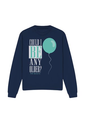 Navy sweatshirt with text "Could I be any older?" in white and teal beside a teal balloon and "FRIENDS" in small letters below.