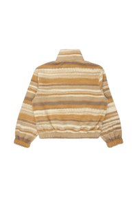 Giacca pullover in pile con colletto alto, caratterizzata da righe orizzontali nei colori marrone, beige e crema. Polsini e orlo elastici, texture morbida.