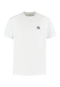 Witte katoenen T-shirt met korte mouwen, ronde hals en een klein zwart logo op de linkerborst. Gladde textuur en standaard pasvorm.