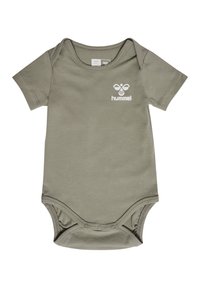 Olivengrön kortärmad bodysuit i mjuk bomull, med en vit logotyp på bröstet och tryckknappar i botten.