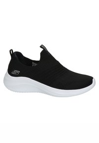 Svart slip-on sneaker med en pustende strikket overdel, teksturert design, polstret hvit såle og en liten logo på siden.