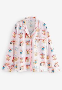 Dlouhý rukáv noční košile v světle růžové tkanině, s barevnými kreslenými vzory, červeným lemováním a kapsou na prsou.