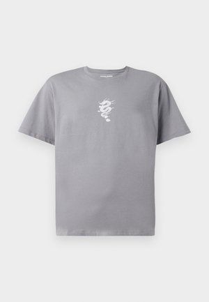 Tricou din bumbac gri, cu un grafic alb al unui dragon pe partea stângă a pieptului, mâneci scurte și o croială lejeră cu decolteu rotund.