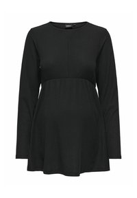 Black long-sleeve maternity top with ribbed texture, round neckline, and flared hem, designed for comfort during pregnancy.