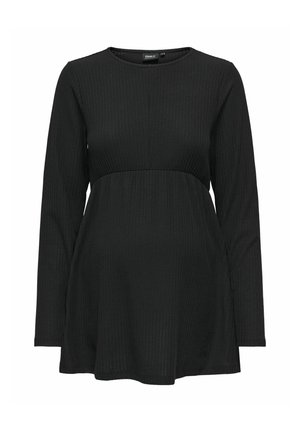 Black long-sleeve maternity top with ribbed texture, round neckline, and flared hem, designed for comfort during pregnancy.