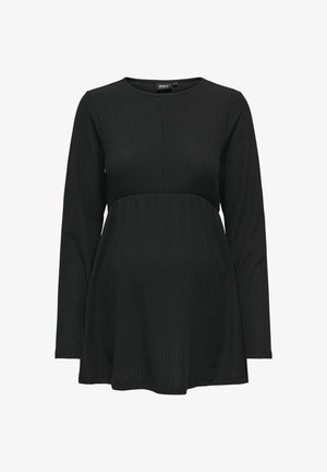 Top de maternité noir à manches longues, avec texture côtelée, décolleté rond et ourlet évasé, conçu pour le confort pendant la grossesse.