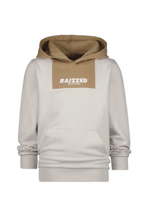 Bluza z kapturem z beżowymi i jasnobrązowymi panelami, przednia kieszeń kangurka oraz logo "RAIZZED Street wear" na piersi.