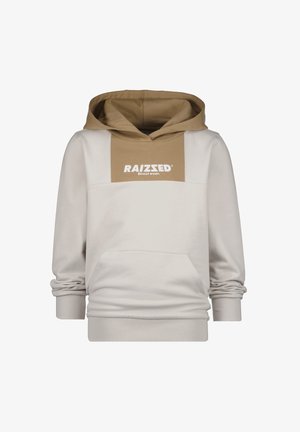 Sweat à capuche avec panneaux beige et beige clair, poche kangourou frontale et logo « RAIZZED Street wear » sur la poitrine.