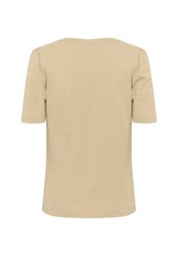 Beige kortærmet skjorte med rund halsudskæring og puffede skuldre. Blød tekstur, minimalistisk design og regular fit.