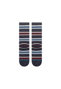 Baumwollsocken mit horizontalen Streifen in Marineblau, Hellblau und Kastanienbraun, mit kontrastierenden weißen Linien und einem türkisfarbenen Akzent an der Zehe.