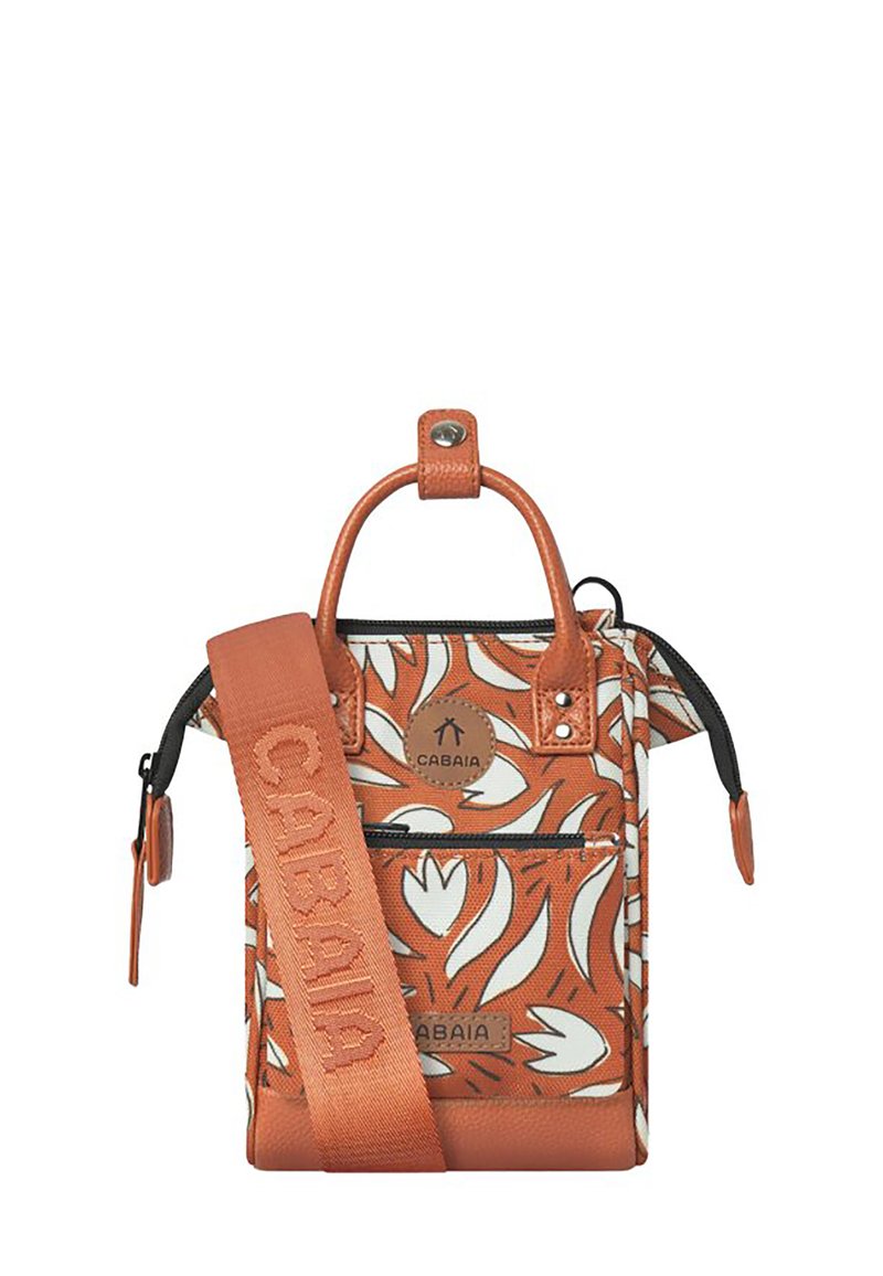 Orange and cream patterned bag with leather elements, featuring a zip closure, top handle, and adjustable strap with branding.