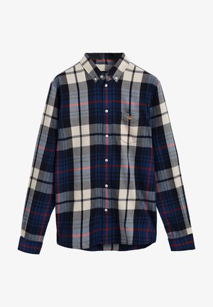 Chemise à manches longues à carreaux boutonnée avec rayures bleu marine, gris, blanc et rouge, dotée d'un col boutonné et d'une poche poitrine avec un petit logo brodé.