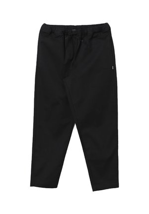 Pantaloni neri a vestibilità rilassata realizzati in tessuto morbido, con vita elasticizzata e coulisse, tasche laterali e design a gamba dritta.
