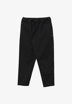 Pantaloni neri a vestibilità rilassata realizzati in tessuto morbido, con vita elasticizzata e coulisse, tasche laterali e design a gamba dritta.