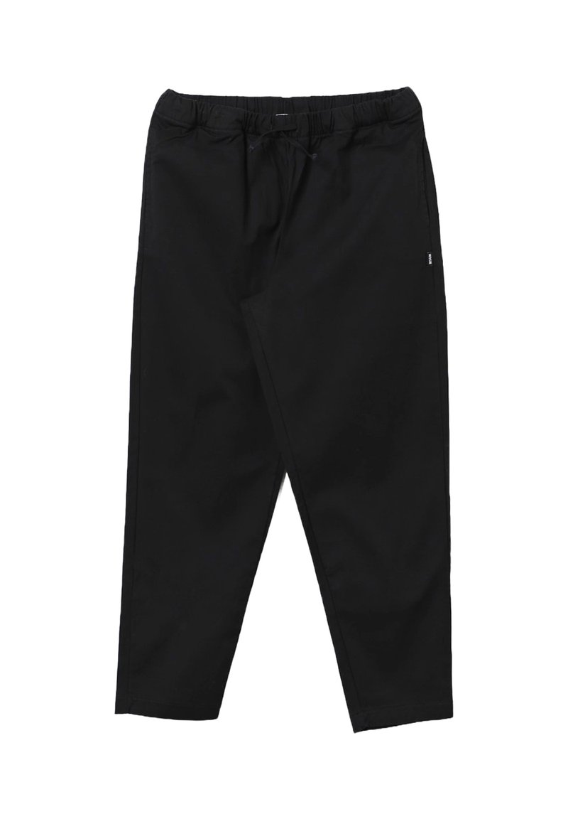 Pantaloni neri a vestibilità rilassata realizzati in tessuto morbido, con vita elasticizzata e coulisse, tasche laterali e design a gamba dritta.