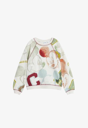 Sudadera beige claro con un estampado repetido de Mickey Mouse en varios colores, con cuello redondo y dobladillo acanalados, y un ajuste relajado.
