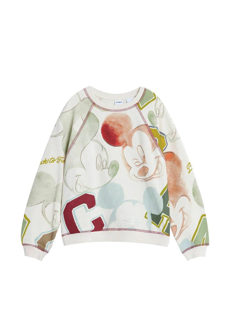 Lichtbeige sweatshirt met een herhaald Mickey Mouse-print in verschillende kleuren, met ribgebreide ronde hals en onderkant, en een relaxte pasvorm.