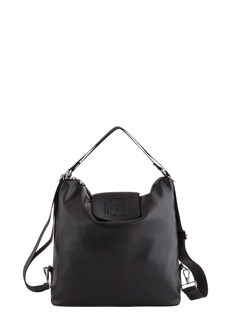 Schwarze Schultertasche mit glatter Textur, Reißverschluss, verstellbarem Riemen und einer kleinen Klappe mit dem Aufdruck "FRIENDLY" auf der Vorderseite.