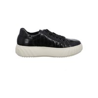 Black low-top sneaker with crocodile texture, black laces, and thick white rubber sole, shown in side profile on a white background.