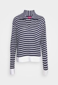 Marineblauw en witte gestreepte trui met een kraag en V-hals, en lange mouwen. Heeft ribgebreide zomen en een comfortabele pasvorm. Merklabel zichtbaar aan de binnenkant.