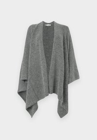 Grå, oversized cardigan laget av mykt, teksturert stoff. Har en bred åpen front, senket skuldersøm og draperte ermer. Ingen lukking.