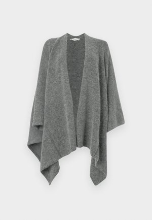 Gray, oversized cardigan made of soft, textured fabric. Features a wide open front, dropped shoulders, and draped sleeves. No fastenings.