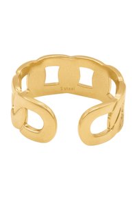 Goldfarbener Stahlring mit ausgeschnittenen Designs, die einen gewellten Rand und quadratische Akzente aufweisen, glatte Textur und polierte Oberfläche.