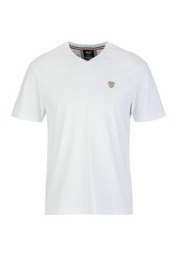 Witte katoen T-shirt met een V-hals, korte mouwen en een klein beige schildlogo op de borst. De binnenkant heeft een gestreept accent.