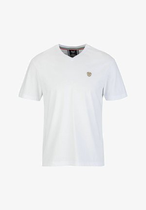 Witte katoen T-shirt met een V-hals, korte mouwen en een klein beige schildlogo op de borst. De binnenkant heeft een gestreept accent.