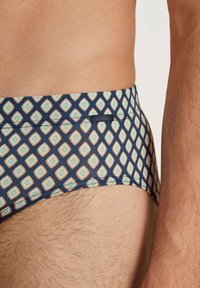 Costumi da bagno a slip caratterizzati da un motivo geometrico di diamanti in verde, bianco e blu navy, realizzati in un tessuto liscio ed elastico. Visibile il logo.