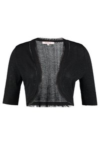 Czarny krótki kardigan z krótkimi rękawami, wykonany z prześwitującej dzianiny, z otwartym frontem i subtelnym połyskiem. Posiada delikatne faliste wykończenie.