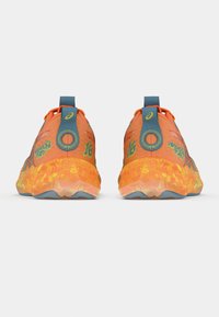 Orange athletic shoes with a mesh upper, blue accents, textured outsole, and a distinctive heel tab. Features bright laces and logo details.