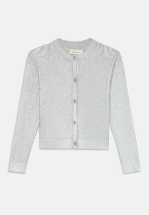 Light grey ribbed cardigan with a round neck, front buttons, and textured fabric. Features subtle logo on the left side.