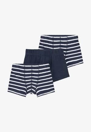 Trois paires de boxers, avec des rayures bleu marine et blanches, des ceintures élastiques et une texture de tissu douce.