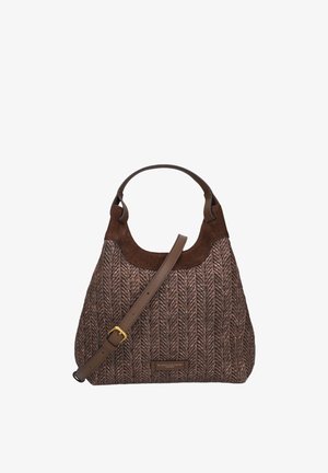 Sac marron à motif chevron avec une bandoulière en cuir lisse et un dessus en daim doux. Dispose d'une boucle dorée et d'un détail logo surpiqué.