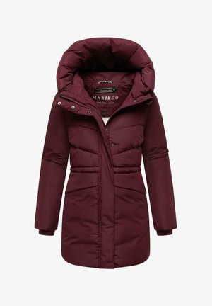 Burgundy puffer jacket with a hood, featuring a zipper front, two large pockets, and quilted texture. Soft material with a fitted waist.